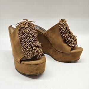 Carlos Santana Wedge 7M Slide Sandal Tan Brown Suede Boho Western 5"H NOS